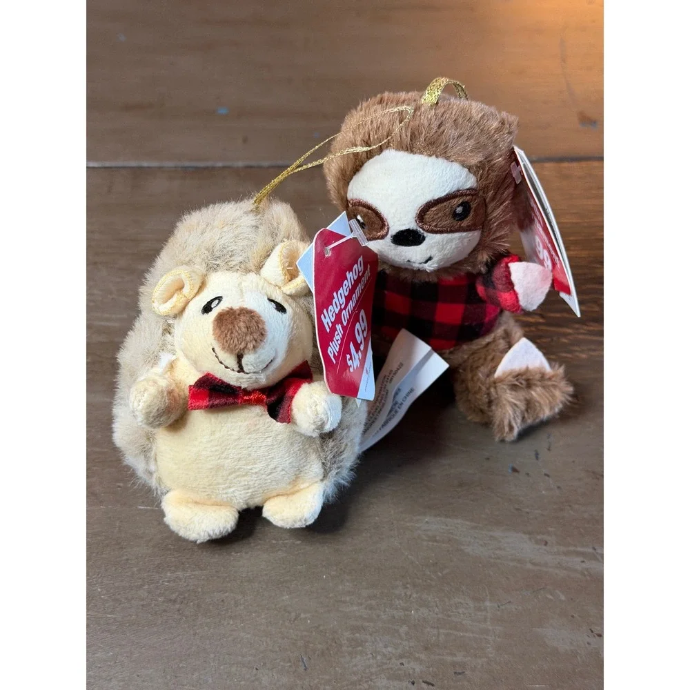 Woodland Plush Christmas Ornaments Hedgehog and Sloth Buffalo Plaid Set of 2
